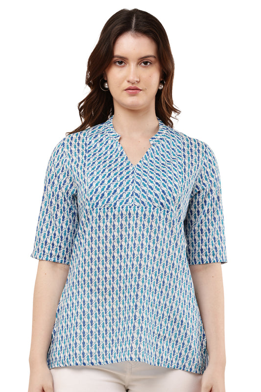 Women's Blue & White Printed Cotton Top