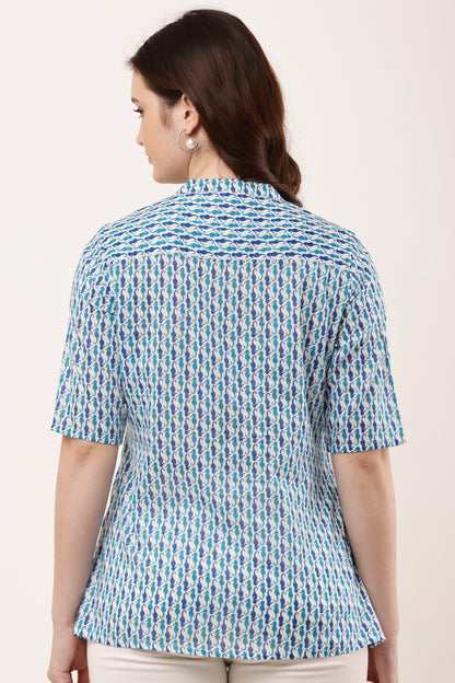Women's Blue & White Printed Cotton Top