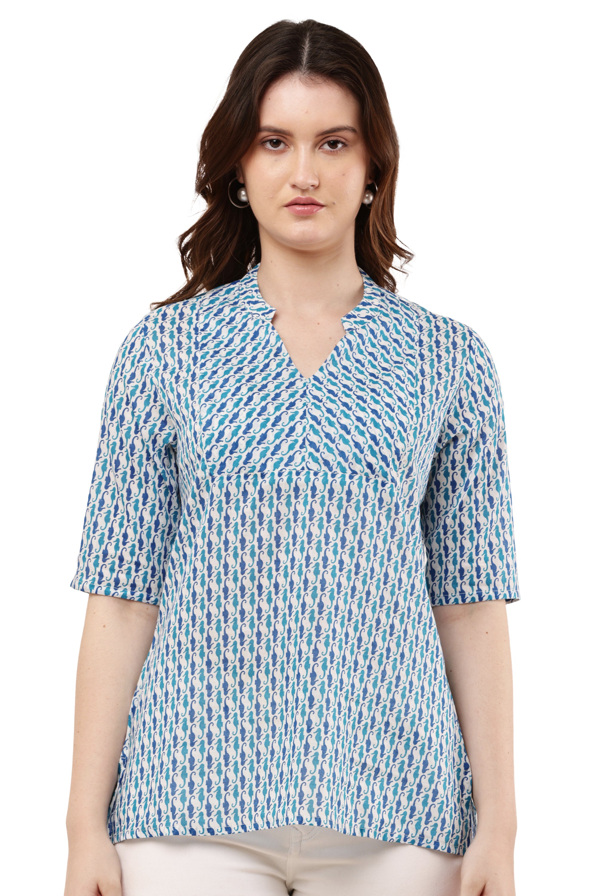 Women's Blue & White Printed Cotton Top