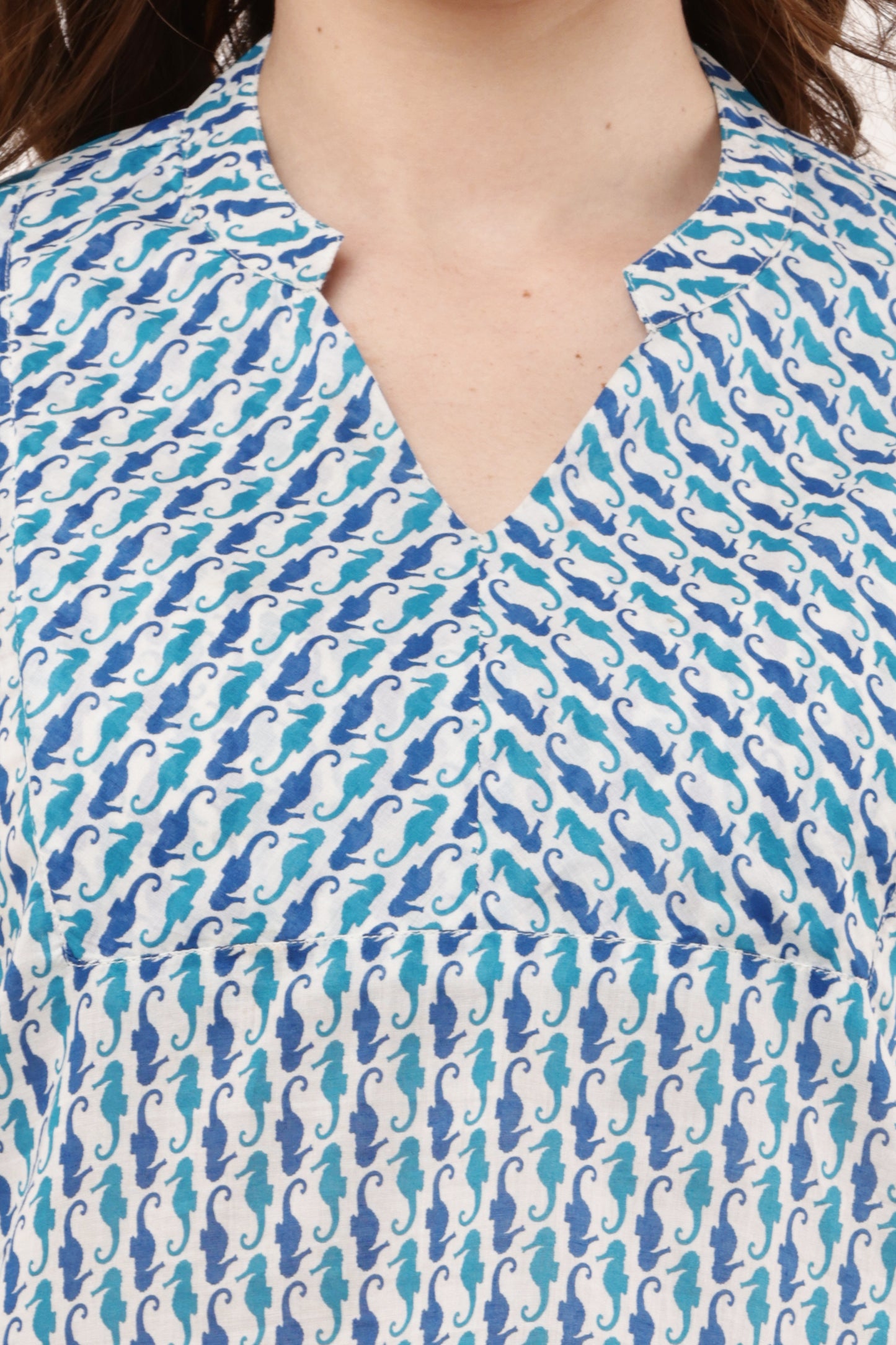 Women's Blue & White Printed Cotton Top
