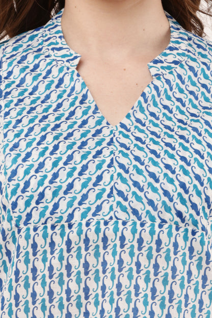 Women's Blue & White Printed Cotton Top
