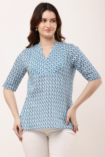 Women's Blue & White Printed Cotton Top