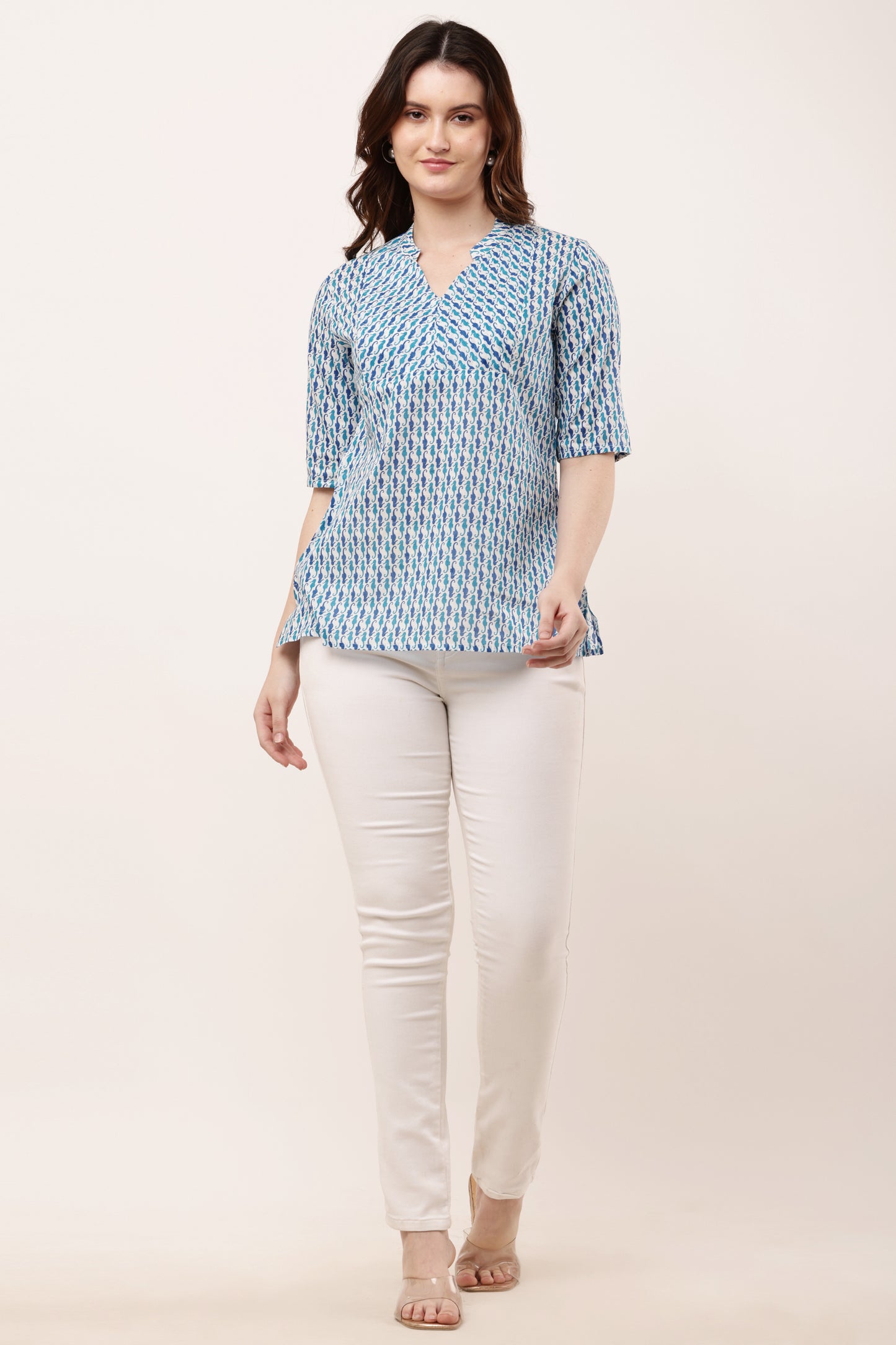 Women's Blue & White Printed Cotton Top