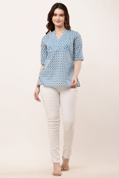 Women's Blue & White Printed Cotton Top