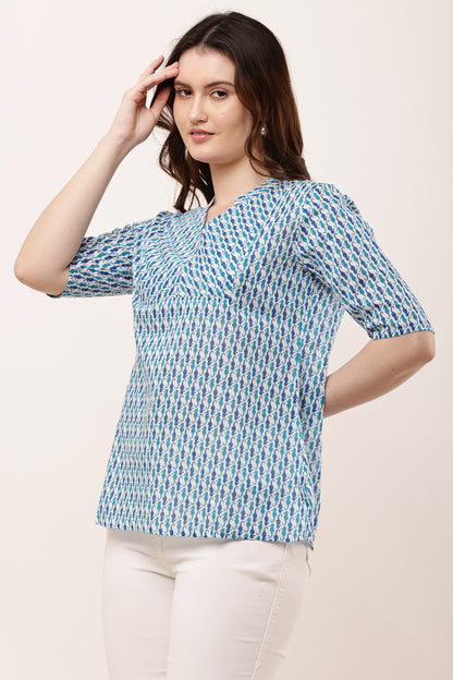 Women's Blue & White Printed Cotton Top